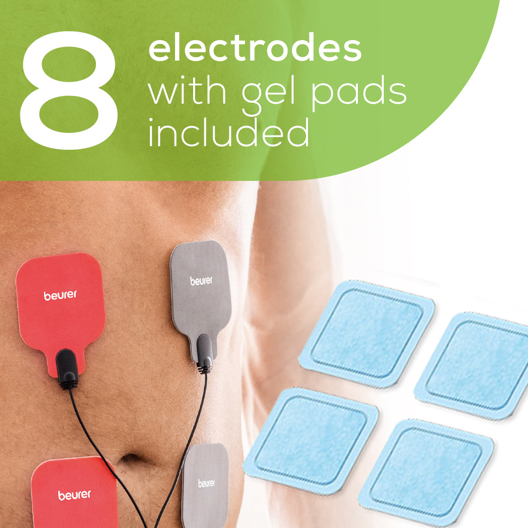 INCLUDES: 1 EM59 TENS/EMS device, 8 self-adhesive electrode gel pads