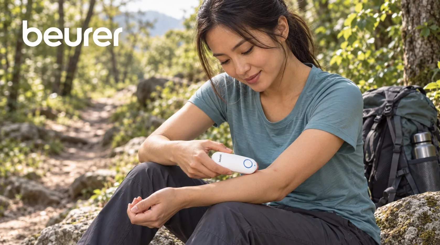 A keychain insect bite healer pressed against a mosquito bite on an arm, next to small essential oil bottles and a carrier oil on a picnic blanket