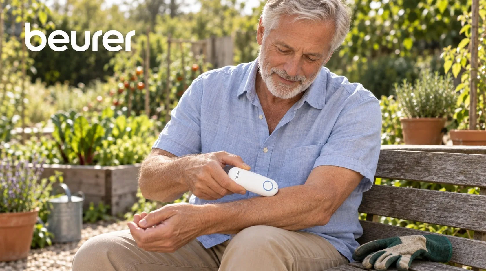 A gardener sitting on a wooden bench in a vegetable garden presses a small handheld heat device against an insect bite on the forearm, a pair of gardening gloves lying on the bench