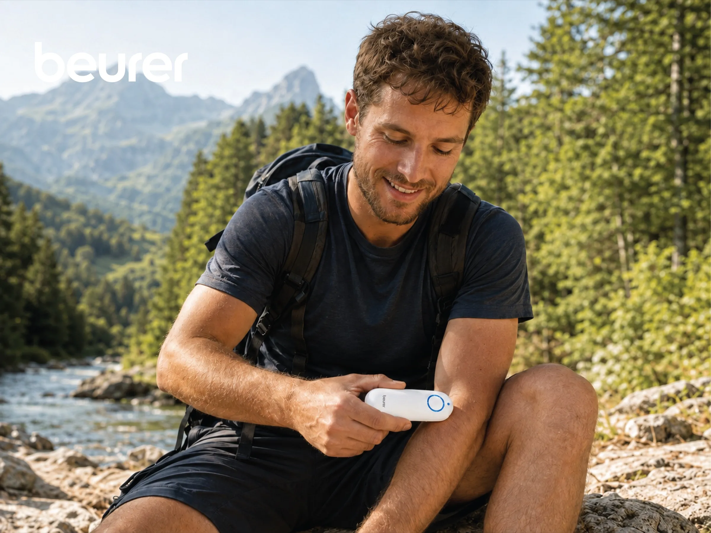 A backpacker healing an insect bite with the Beurer Insect Bite Healer BR60