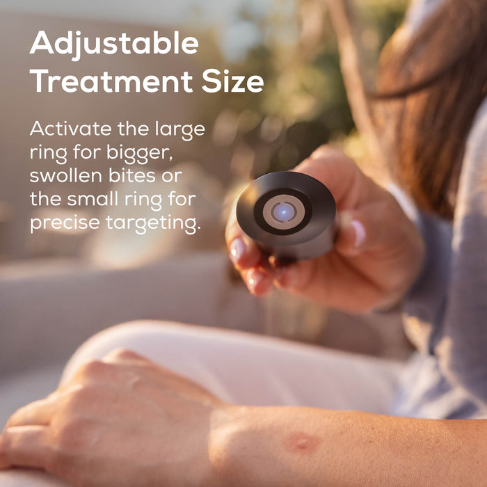 A person outdoors holds a small round black device with a ring-shaped control. Large text on the left reads 'Adjustable Treatment Size' with smaller text explaining how to use the rings for precise targeting.