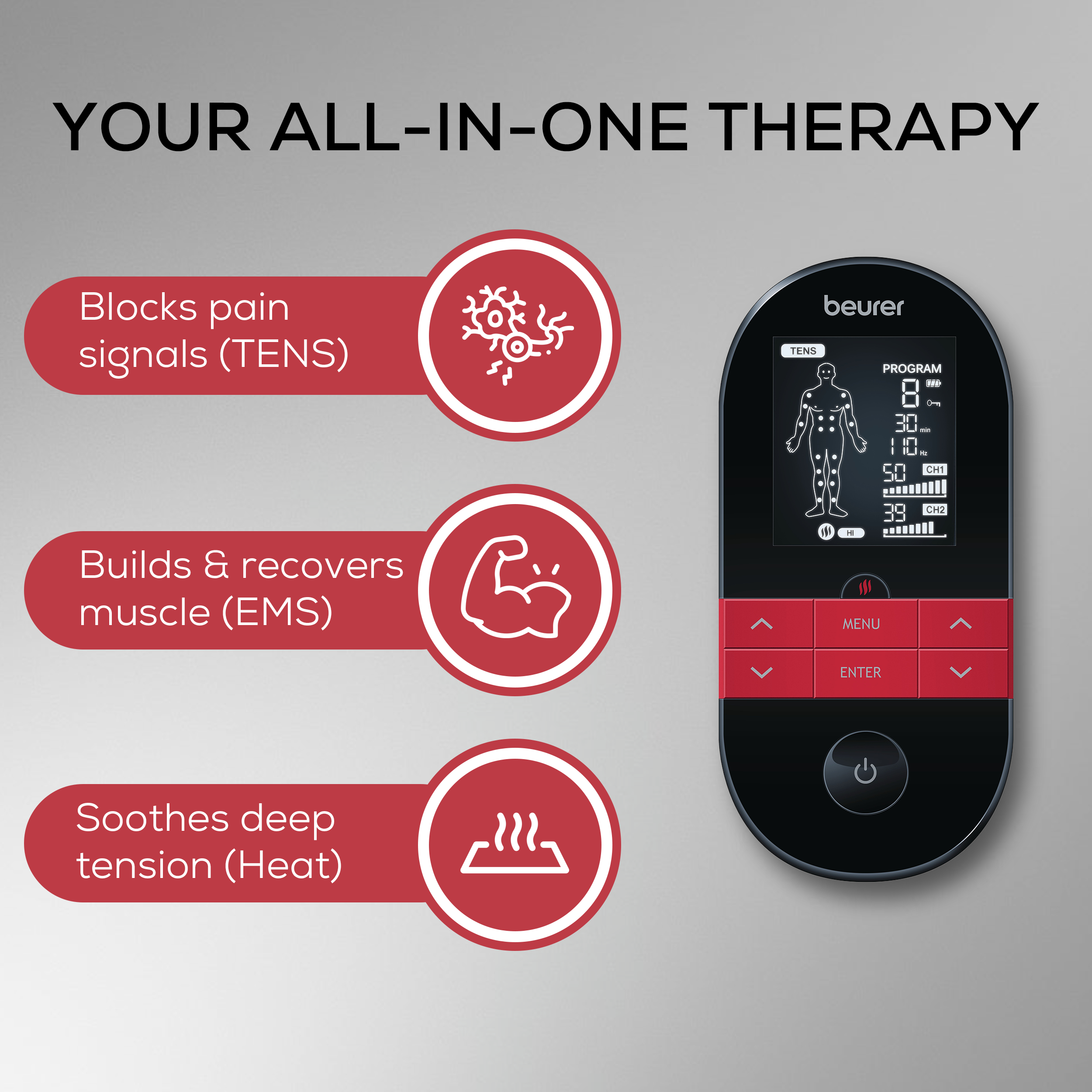 3-in-1 TENS EMS Unit with Heat Therapy | Pain Relief & Muscle Stimulation Device