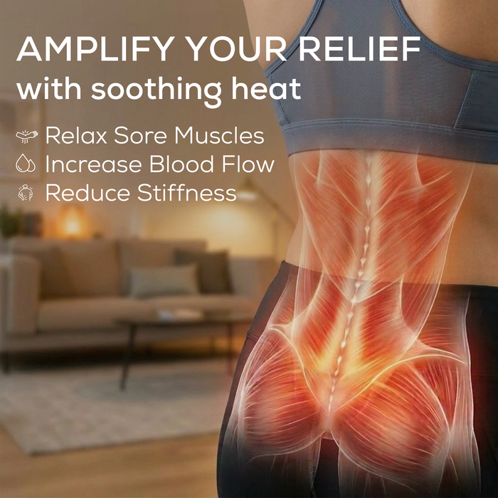 A diagram of a person’s back muscles highlighting reduced soreness and stiffness from EM59’s heat function. 