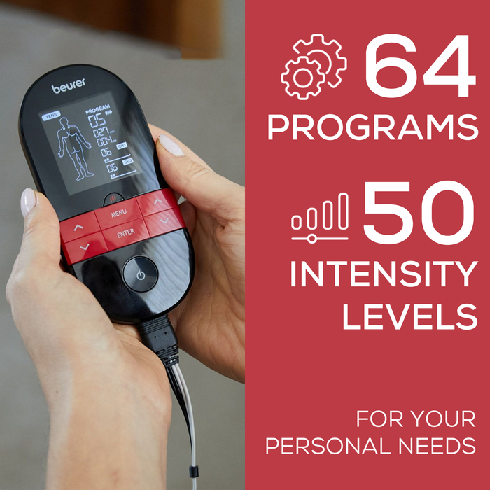 Beurer EM59 TENS/EMS device held in hands on the left side. The right side shows 64 programs and 50 intensity levels.