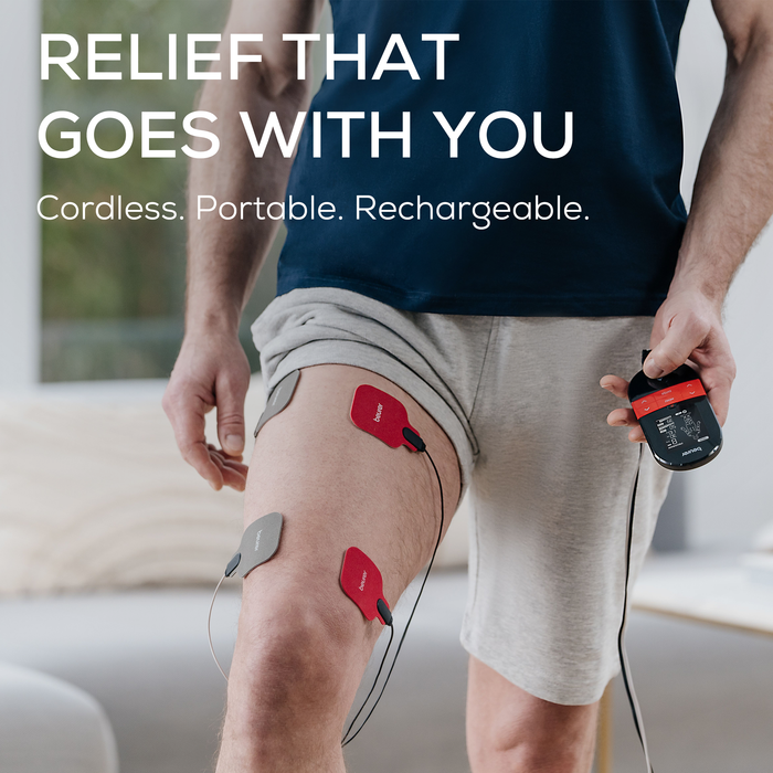 A man holding the TENS/EMS device in his left hand, 4 electrodes placed on his right thigh for relief.