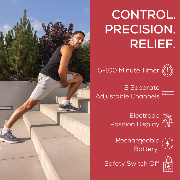 Highlights additional features of a timer, separate channels, electrode position guide, rechargeable battery, and safety shut-off. 