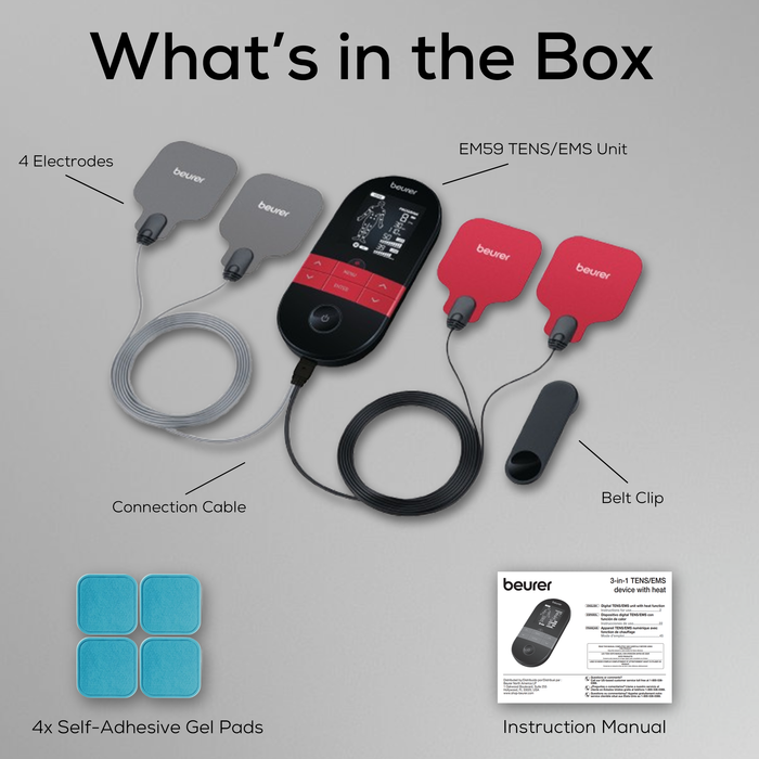 All items included in the box are the EM59 device, 2 connection cables with 4 electrodes, 4 gel pads, and the instruction manual.