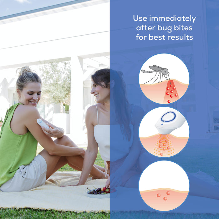 Woman using device after insect bite. Illustration shows heat application reduces irritation and swelling.