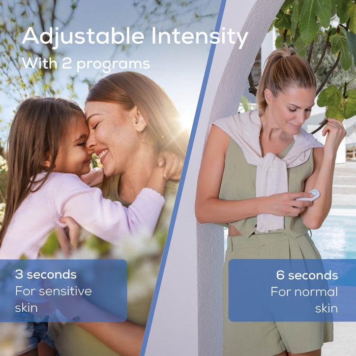 Adjustable intensity with 3-second program for sensitive skin and 6-second program for normal skin.