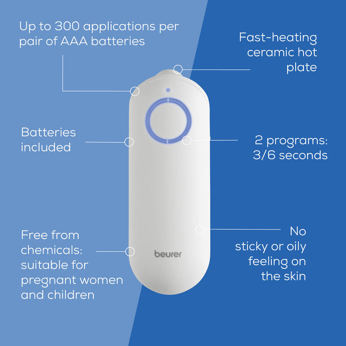 Product overview with features: battery-powered, two programs, no chemicals, safe for adults and children.