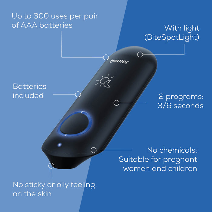 Product overview with features: battery-powered, two programs, no chemicals, safe for adults and children.