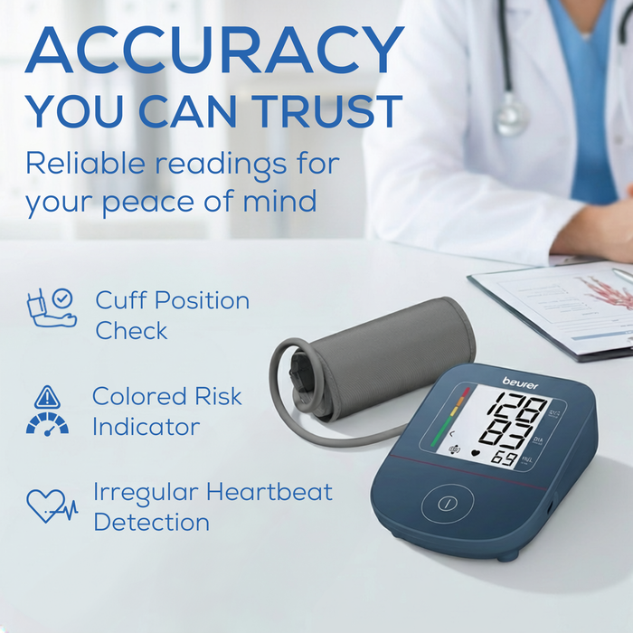 Blood pressure monitor with a doctor in the background, emphasizing accuracy and reliability.