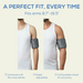 Two people with different size arms showing the bpm cuff fits a wide range of arm circumferences.