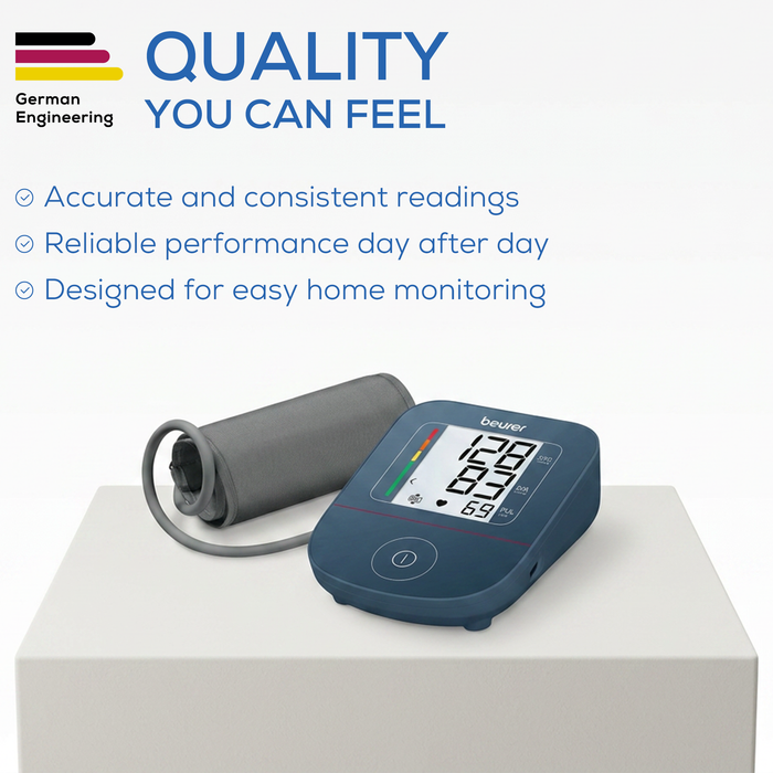 Blood pressure monitor with cuff on a white surface, showing quality and German Engineering branding.