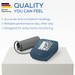 Blood pressure monitor with cuff on a white surface, showing quality and German Engineering branding.