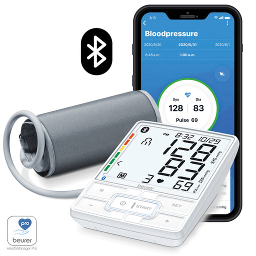 Beurer BM69W blood pressure monitor on white background and phone displaying accompanying app