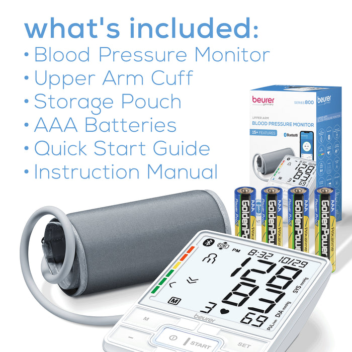 Details on what's included with the box a blood pressure monitor, upper arm cuff, storage pouch, AAA batteries, quick start guide, and instruction manual.