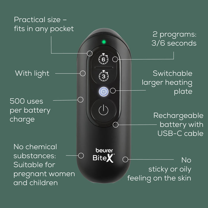 An overview of all features of BR110 BiteX Max including programs, switchable heat plate, rechargeable, night light, and chemical-free.