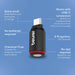 A black and red Beurer USB-C keying adapter shown on a blue background with white text callouts describing its features, including extra small size, USB-C connection compatibility, no batteries required, chemical-free, and quick programming.