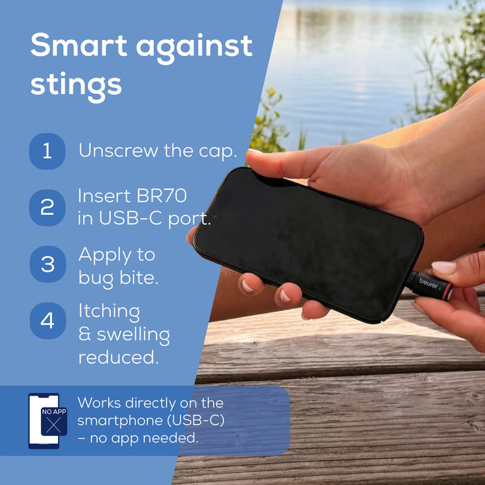 Person plugging BR70 into the smartphone charging port with details on how to use, with no app needed.