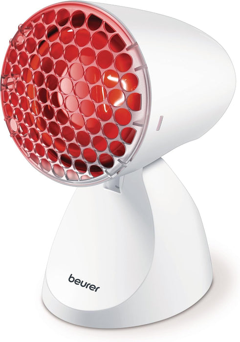 Beurer infrared heater with a white plastic body and a red honeycomb-patterned front grille, shown on a white background.