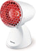 Beurer infrared heater with a white plastic body and a red honeycomb-patterned front grille, shown on a white background.