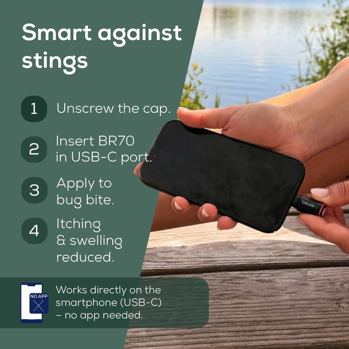 Person plugging BR70 into the smartphone charging port with details on how to use, with no app needed.