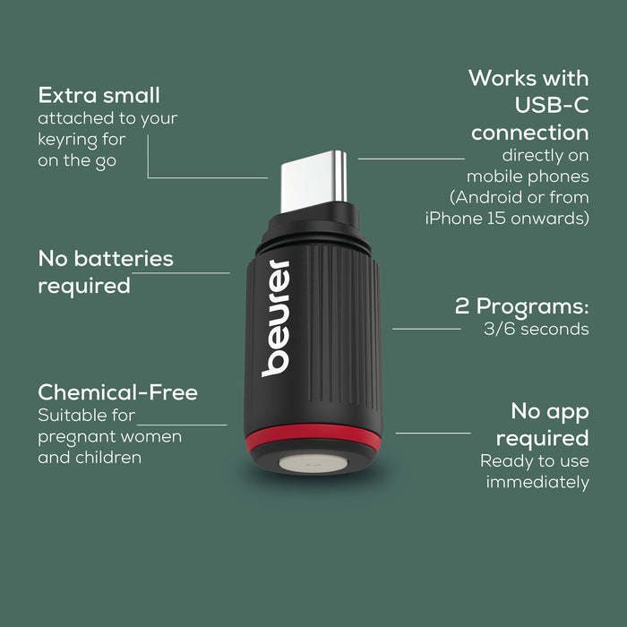 A black and red Beurer USB-C keying adapter shown on a blue background with white text callouts describing its features, including extra small size, USB-C connection compatibility, no batteries required, chemical-free, and quick programming.