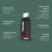 A black and red Beurer USB-C keying adapter shown on a blue background with white text callouts describing its features, including extra small size, USB-C connection compatibility, no batteries required, chemical-free, and quick programming.