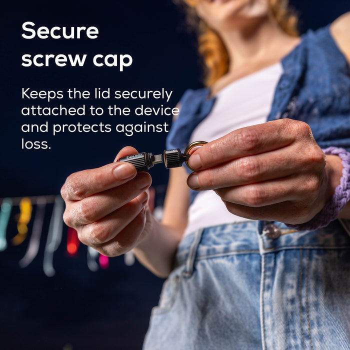 Person holding a screw cap with text explaining its function and how it protects BR70 while not in use.