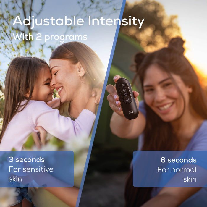 Split into two lifestyle scenes showing a woman and child outdoors. The left side shows the 3 second treatment time while the right side shows 6 second treatment.