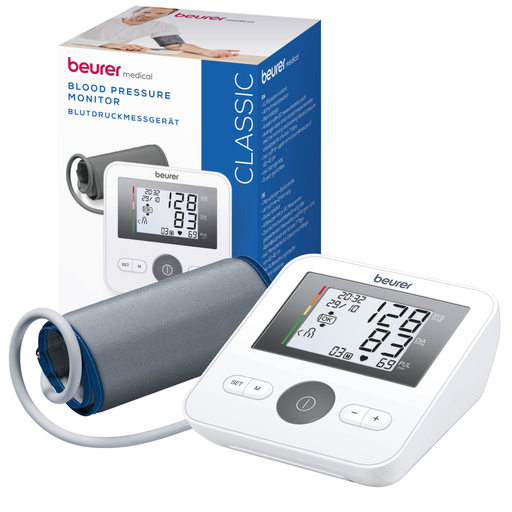 Beurer BM27 Blood Pressure Monitor with cuff in front of the product box