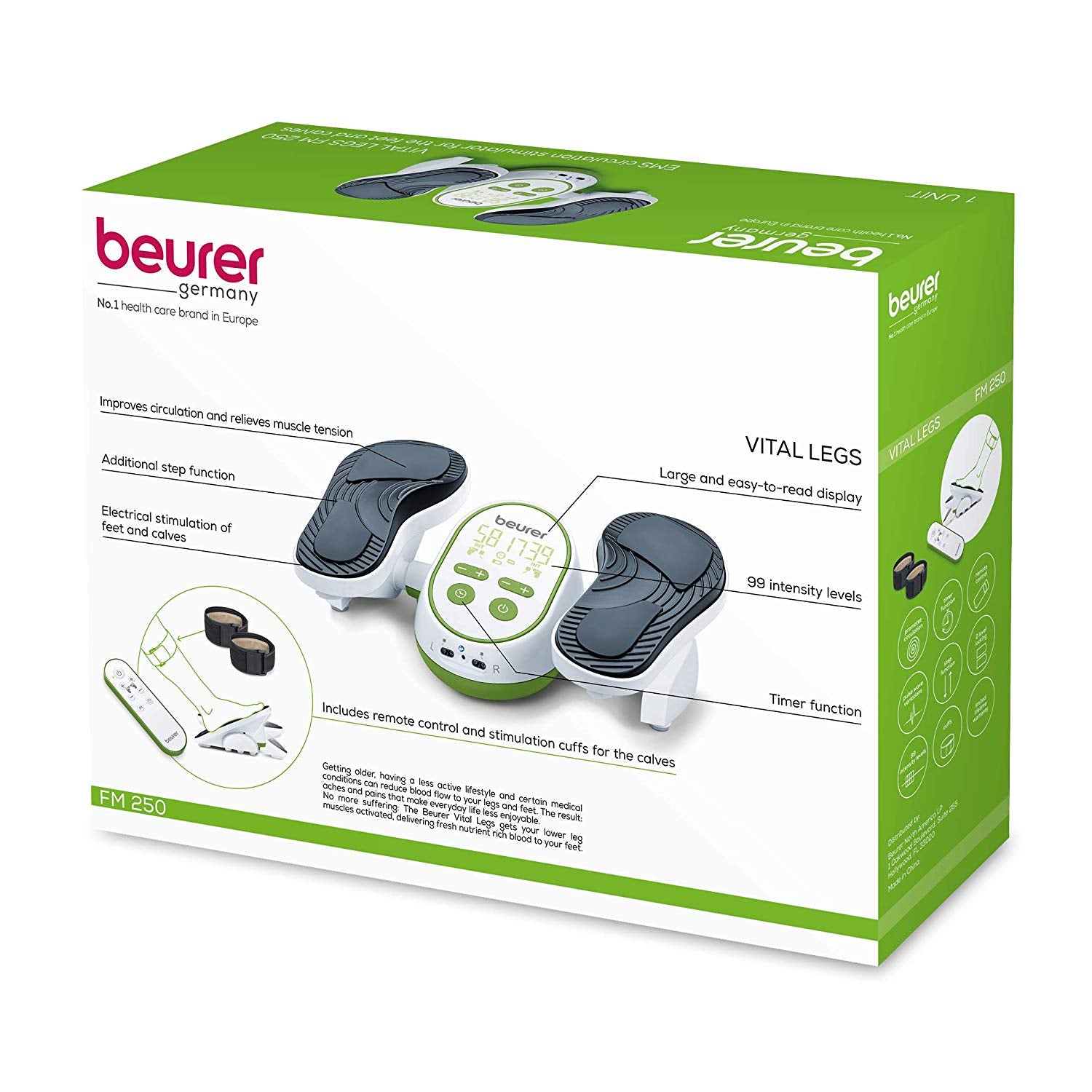 Beurer Vital Legs EMS Circulation Stimulator, FM250 back of the box  Beurer Vital Legs EMS Circulation Stimulator FM250 6 electrodes 25% off Revitive Circulation Booster