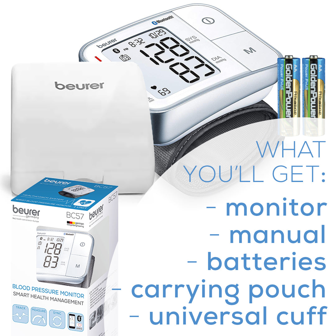 Beurer Bluetooth Smart, Wireless & Automatic Wrist Blood Pressure Monitor BC57 what you'll get and what's includes