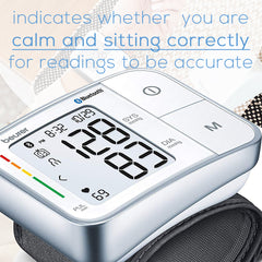 Beurer Bluetooth Smart, Wireless & Automatic Wrist Blood Pressure Monitor BC57  indicates whether you are calm and sitting correctly 