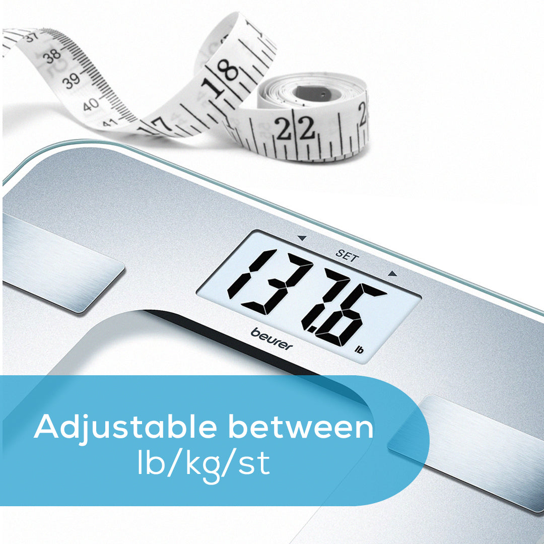 Beurer Silver Body Fat Analyzer Scale, BF130 adjustable between pounds and kilograms