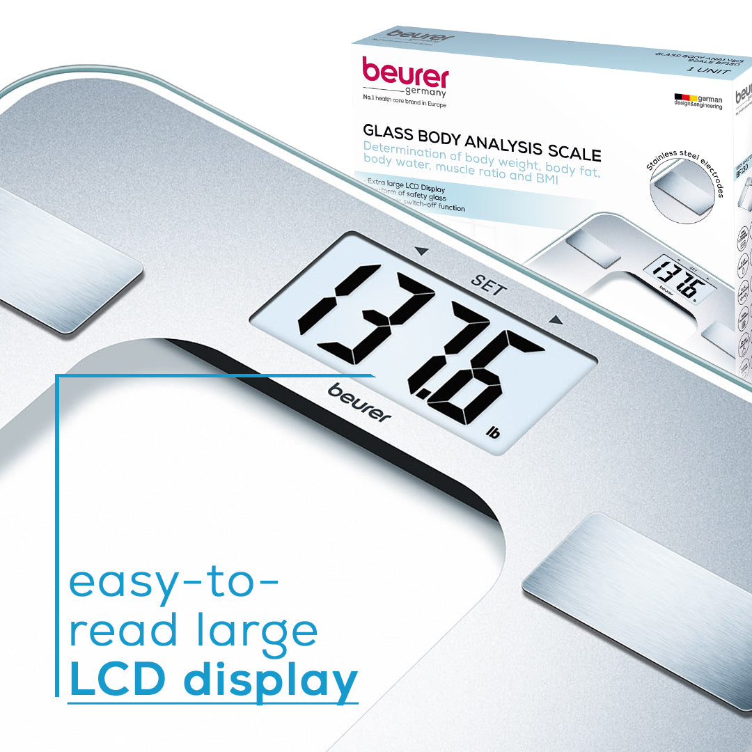 Beurer Body Fat Analyzer BMI, Multi-User & Recognition, Digital Bathroom Weight Scale, XL Display, BF130, Silver