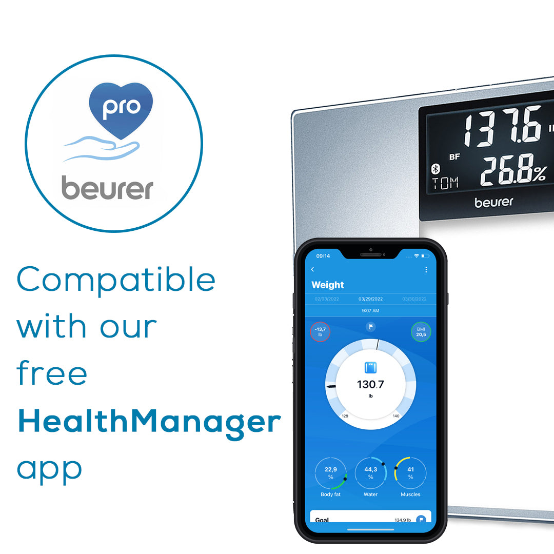 Beurer BF70 Body Fat Scale, Weight, Water & More, Smart Digital Scale for  Full Body Analysis, BMI & Calorie Display, App Sync via Bluetooth, User