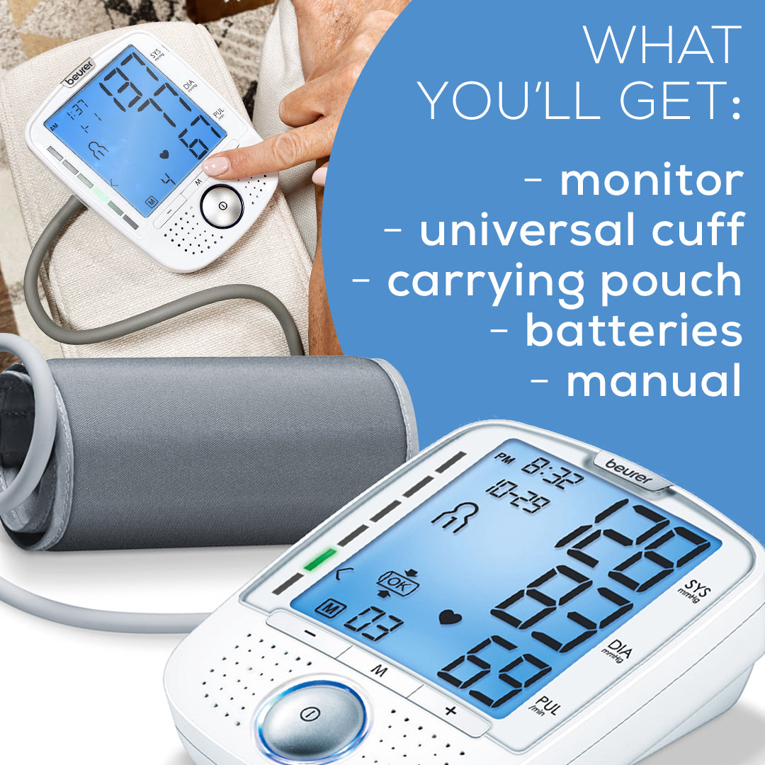Beurer Talking Upper Arm Blood Pressure Monitor, BM50 whats included 