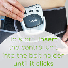 Beurer Lower Back TENS Support Belt, EM38 15 inches extension belt included to start insert control unit into the belt holder until till clicks 