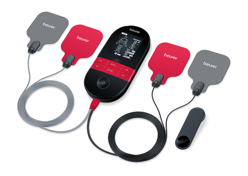 Beurer EM49 Electroestimulador digital masaje EMS TENS, pantalla LCD, 2  Canales, 4 Electrodos autoadhesivos + 8 electrodos de recambio : :  Salud y cuidado personal