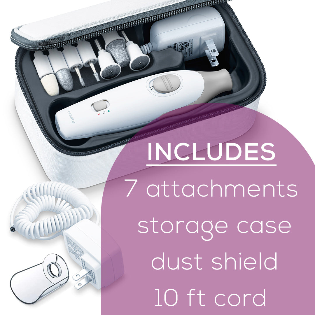 includes 7 attachment and storage case and dust shield by beurer mp32