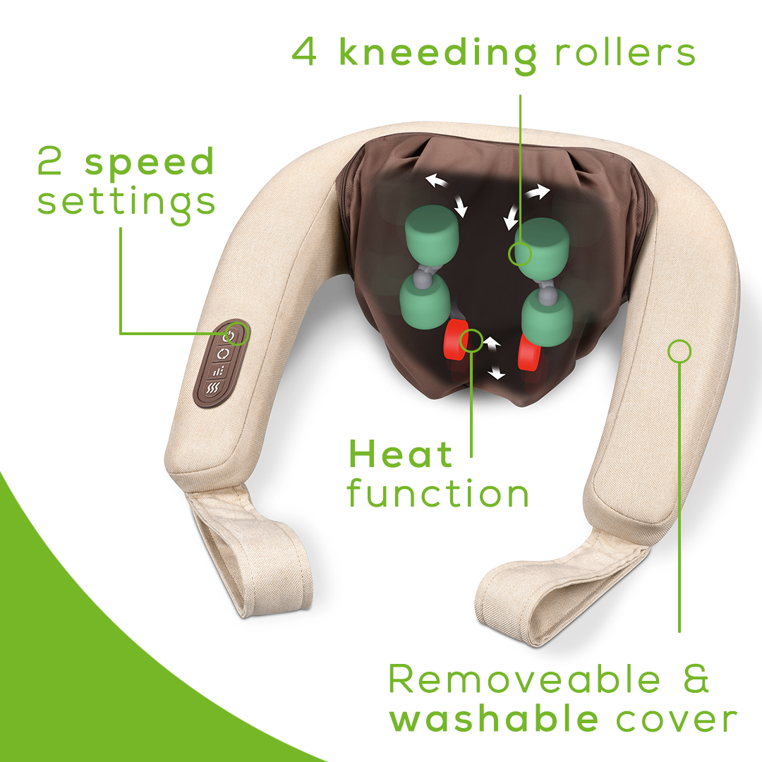 Beurer 4D Neck Massager MG153 Features 2 speed settings 4 kneeling rollers heat function washable cover